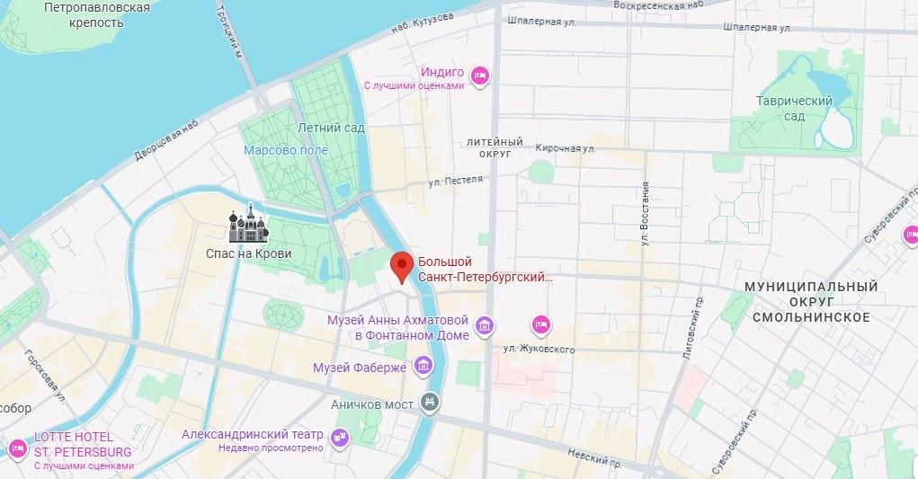 Карта, с указанием месторасположения "Большой Санкт-Петербургский государственный цирк"